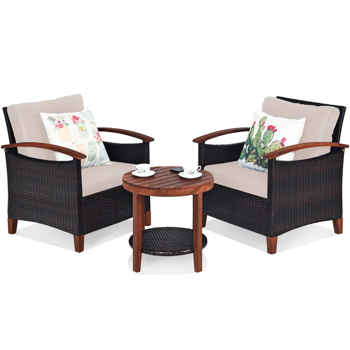 3 Pieces Patio Furniture Set, Outdoor Rattan Sofa and Side Table w/Solid Acacia Wood Frame